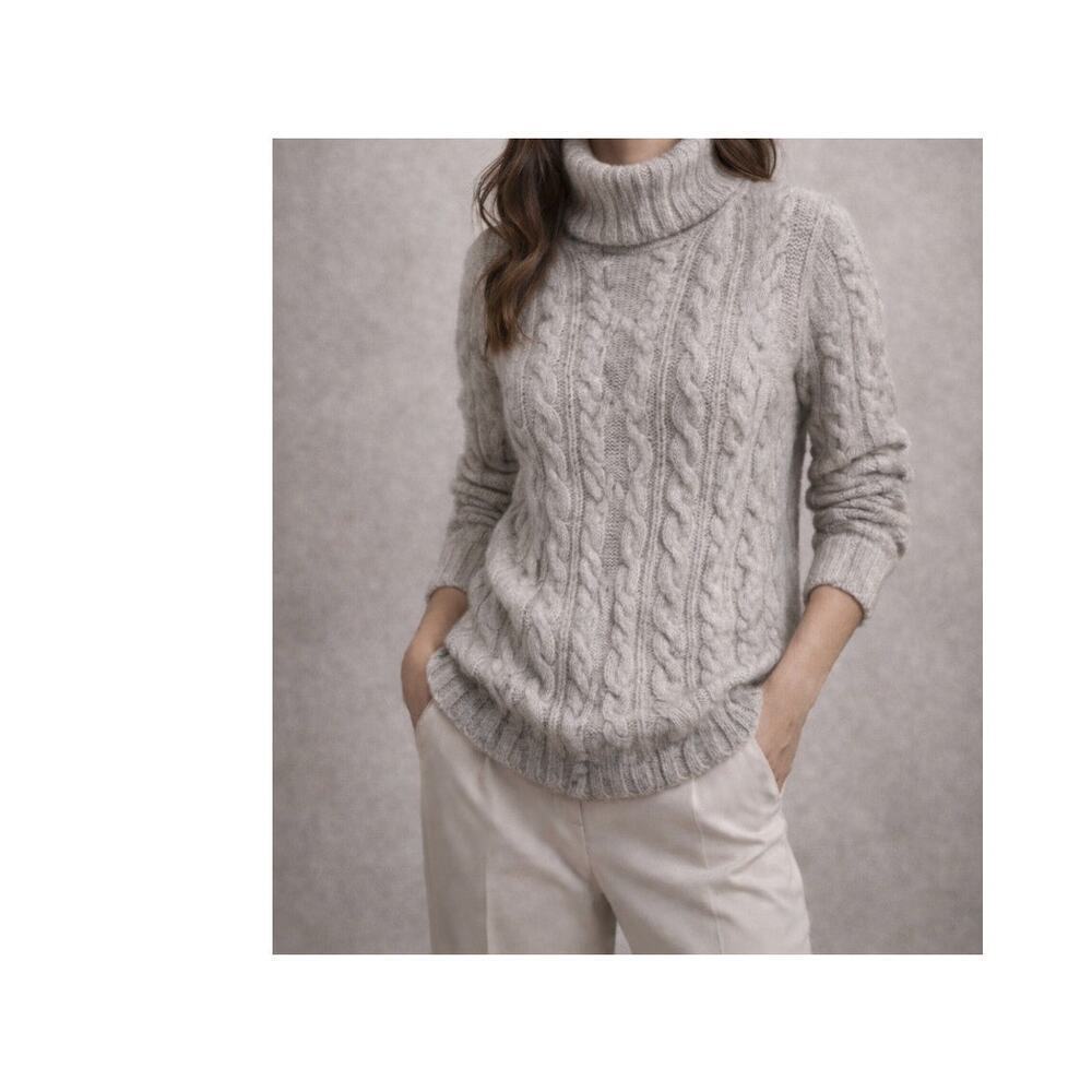 Y2K Theory Cable Knit Turtleneck Sweater Oatmeal Gray Quiet Luxury
